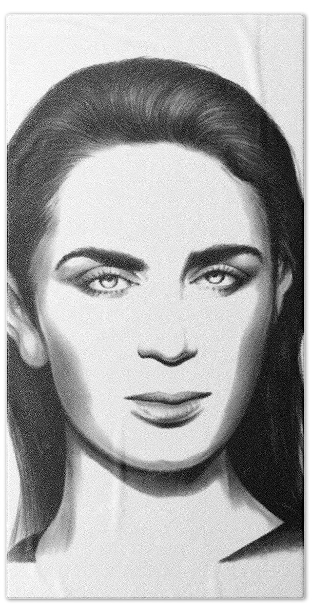 Emily Blunt Hand Towel featuring the drawing Emily Blunt by Greg Joens