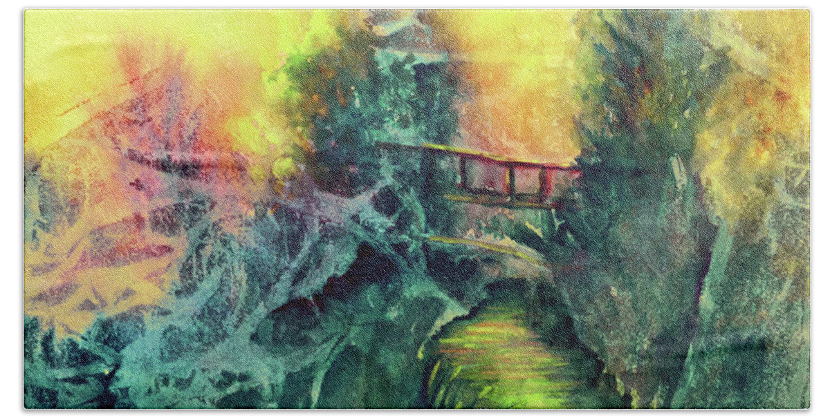 Bridge Bath Towel featuring the painting Enchanted Bridge by Allison Ashton
