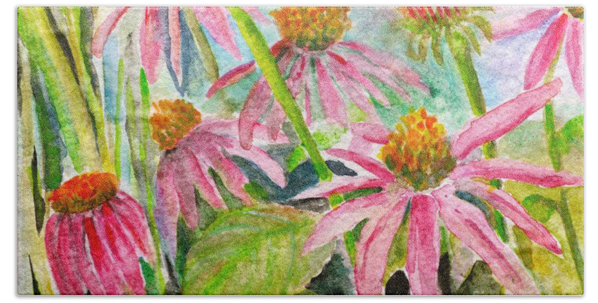 Echinacea Bath Towel featuring the painting Enchanted Echinacea by Bev Veals