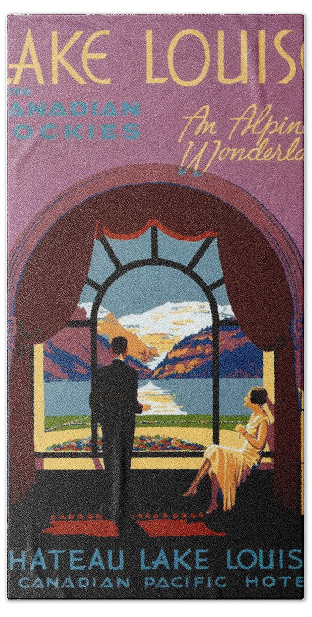 Lake Louise Bath Sheet featuring the painting Enjoying a view of the mountains from a Hotel room - Lake Louise Canandian Rockies - Vintage Poster by Studio Grafiikka