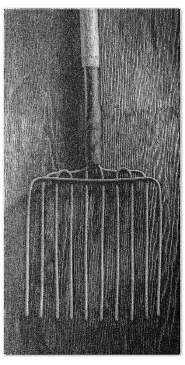 Art Bath Towel featuring the photograph Ensilage Fork Up on Plywood in BW 66 by YoPedro