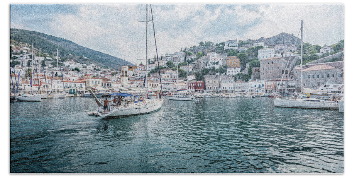 Aegis Hand Towel featuring the photograph entering port Hydra by Hannes Cmarits