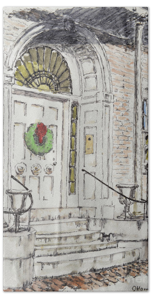 Ink And Watercolor Sketch Bath Towel featuring the photograph Entrance with a christmas wreath by Olga Hamilton