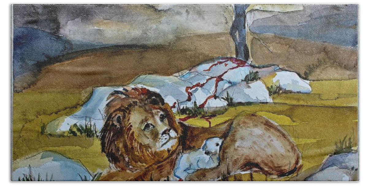 Lion Hand Towel featuring the painting Ephesians 2 13 by Mindy Newman