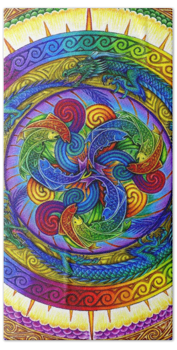 Dragon Bath Towel featuring the drawing Psychedelic Dragons Rainbow Mandala by Rebecca Wang