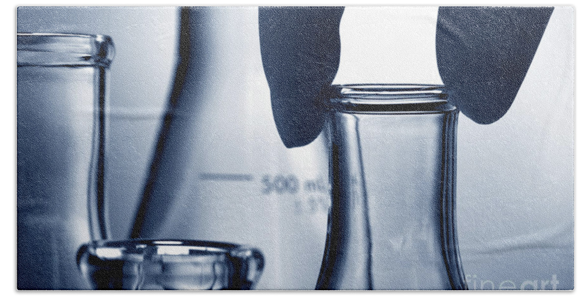 Blue Bath Towel featuring the photograph Erlenmeyer Flasks in Science Research Lab by Olivier Le Queinec
