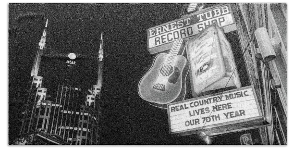 America Hand Towel featuring the photograph Ernest Tubb Record Shop - Downtown Nashville - Black and White by Gregory Ballos
