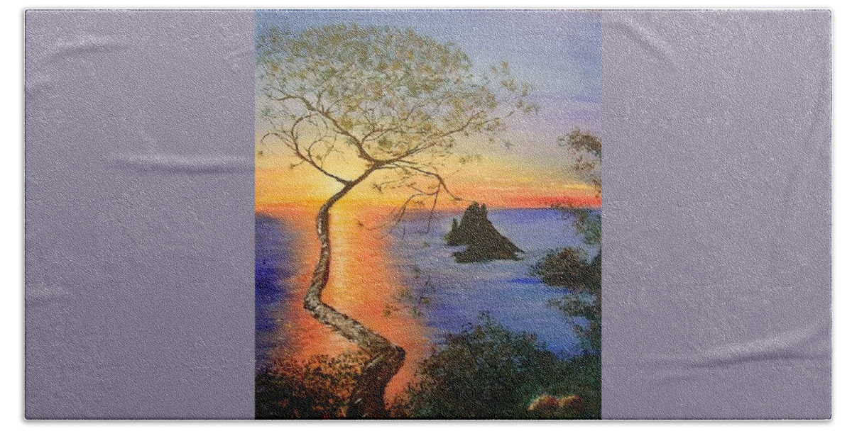 Sunset Hand Towel featuring the painting Es Vedra Island Off Ibiza South Coast by Lizzy Forrester