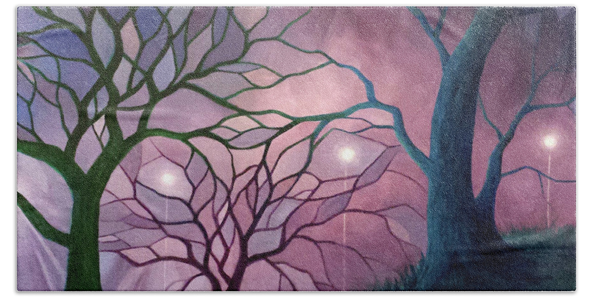 Foggy Field Bath Towel featuring the painting Esoteric Reflections by Beth Waltz
