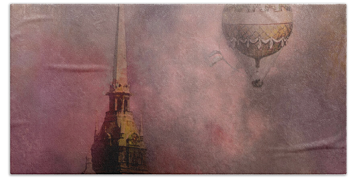 Sweden Hand Towel featuring the digital art Stockholm church with flying balloon by Jeff Burgess