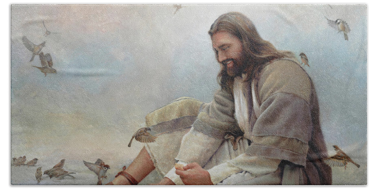 Jesus Hand Towel featuring the painting Even A Sparrow by Greg Olsen