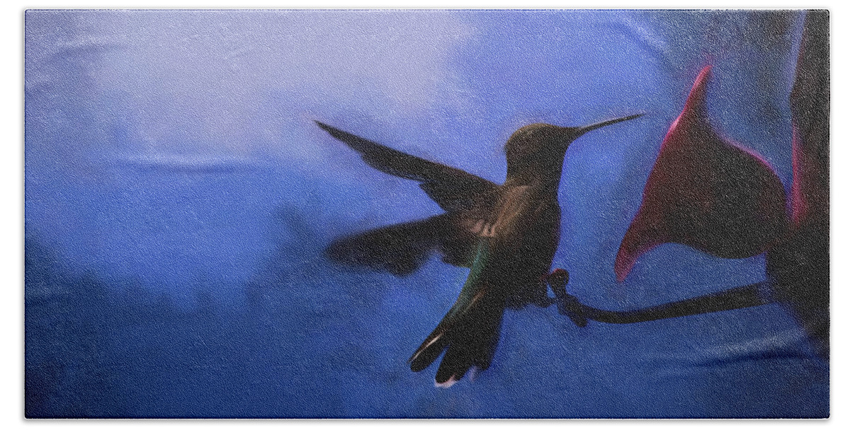 Digital Painting Hand Towel featuring the painting Evening Hummingbird by Bonnie Bruno