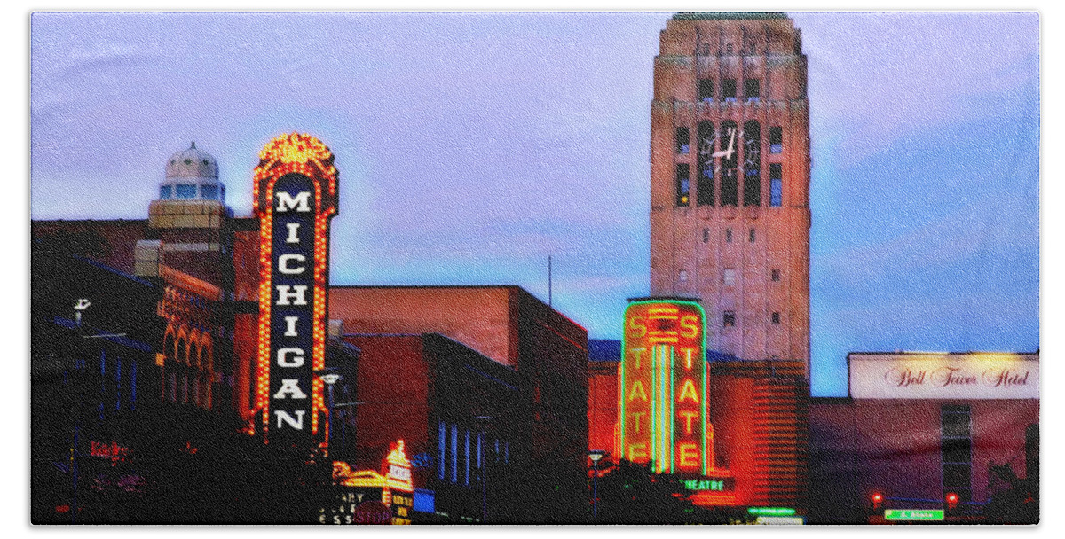 Michigan Theatre Hand Towel featuring the photograph Evening in Ann Arbor by Pat Cook
