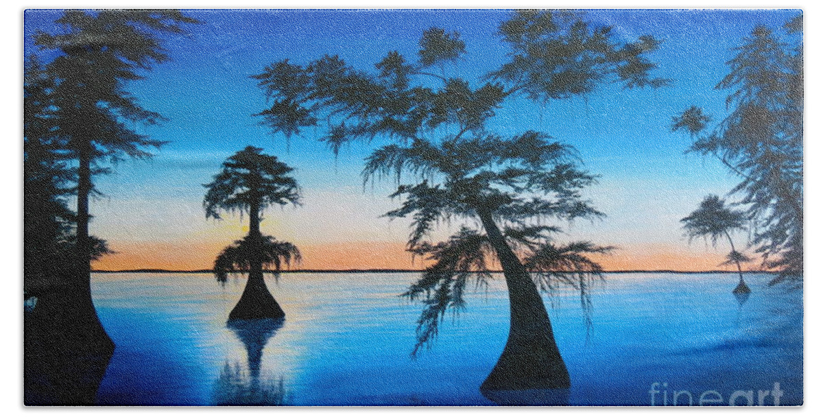 Aimee Mouw Bath Towel featuring the painting Evening on the Bayou by Aimee Mouw