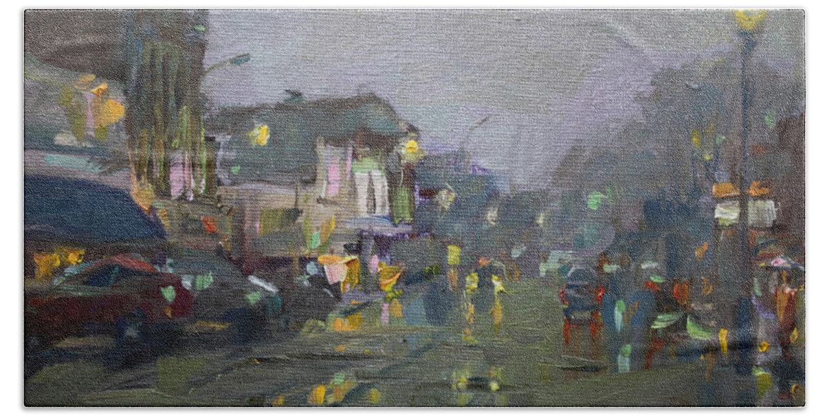 Evening Hand Towel featuring the painting Evening Rain at Webster St by Ylli Haruni