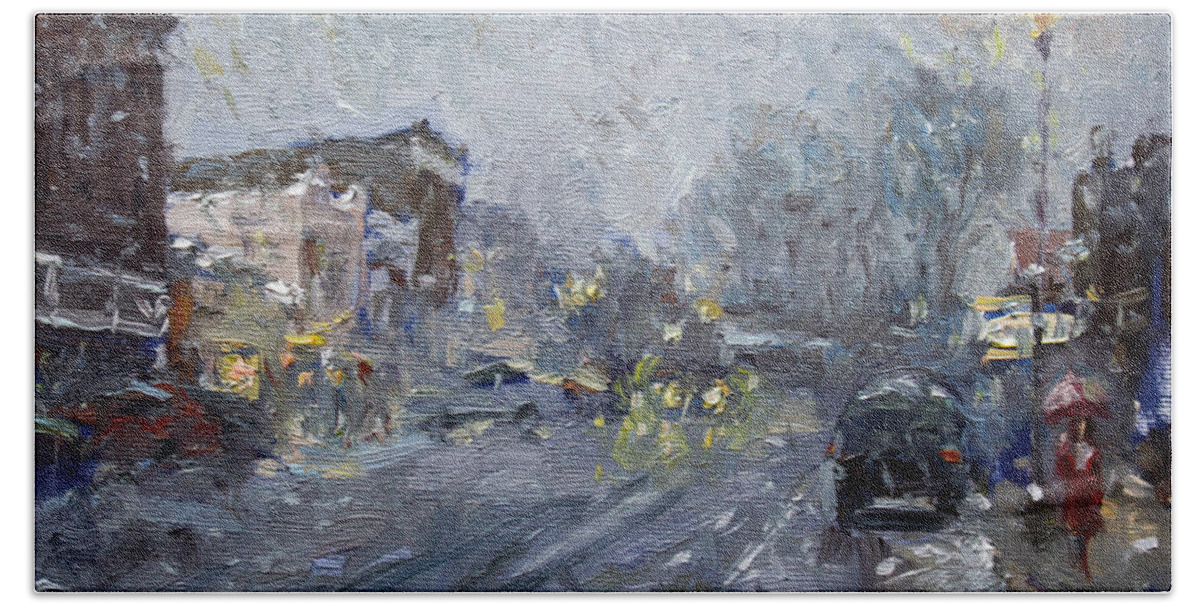 Evening Hand Towel featuring the painting Evening Snowfall at Webster St by Ylli Haruni