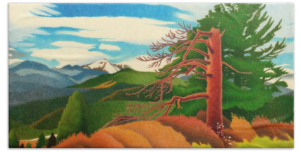 Art Bath Towel featuring the drawing Evergreen Overlook by Dan Miller