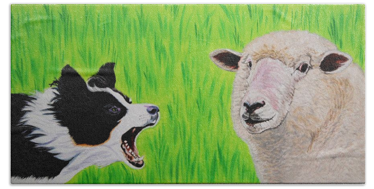 Border Collie Hand Towel featuring the painting Ewe Talk'in to Me? by Sonja Jones