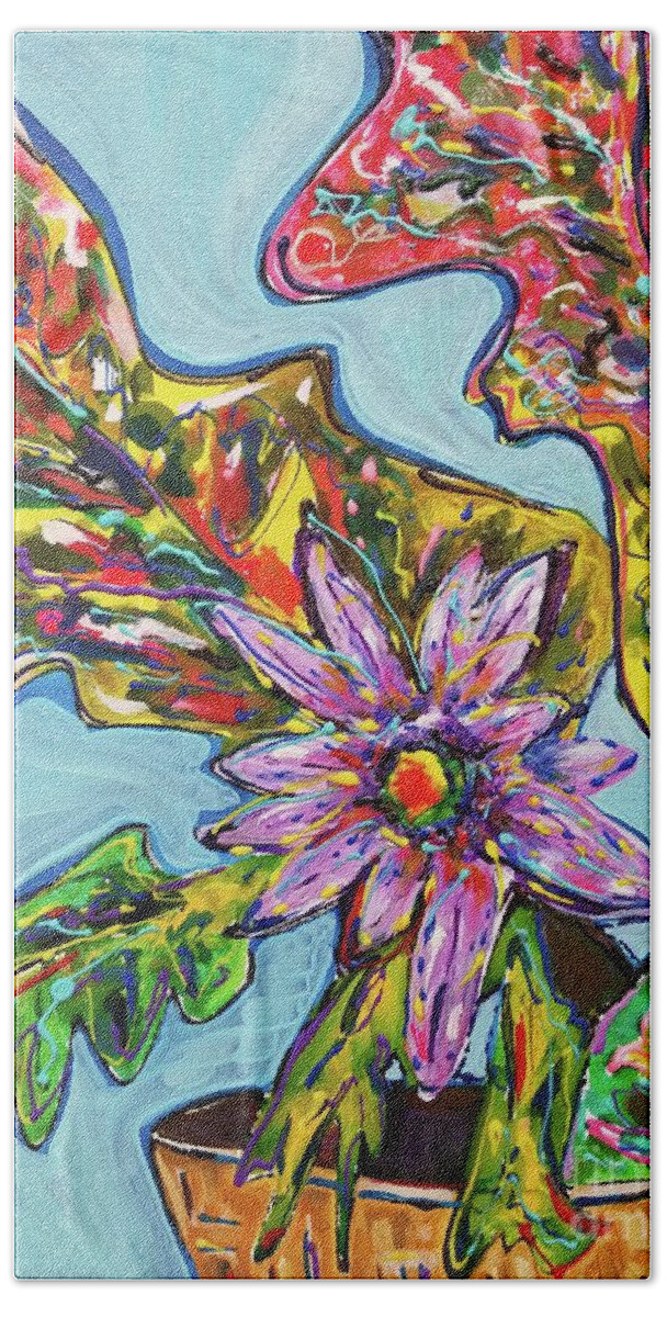 Floral Bath Towel featuring the painting Exotic Plant with Flower by Catherine Gruetzke-Blais