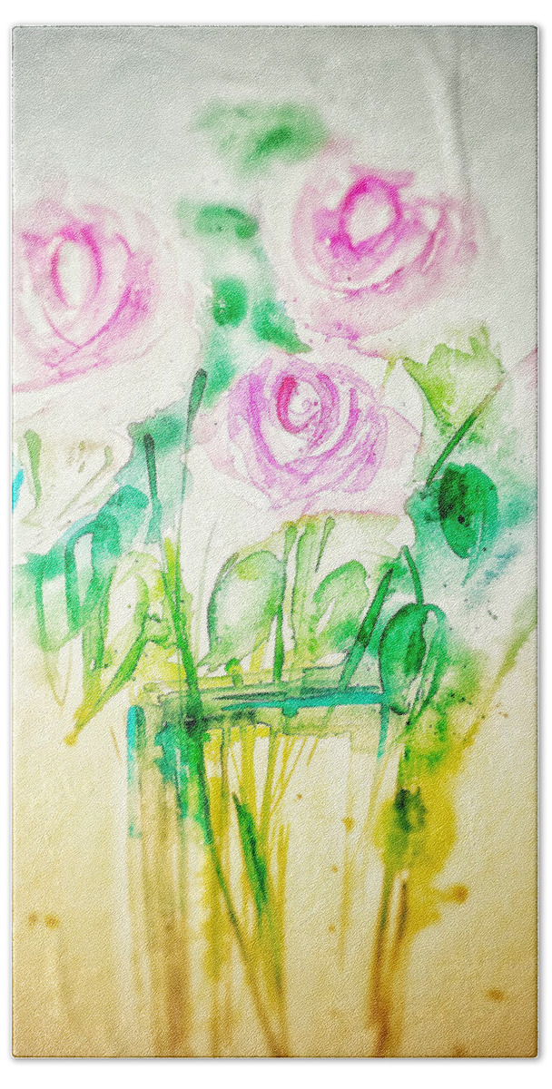 Pink Roses Bath Towel featuring the mixed media Expressive Roses by Britta Zehm