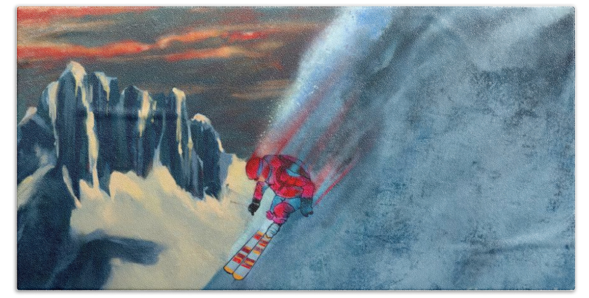 Ski Hand Towel featuring the painting Extreme ski painting by Sassan Filsoof