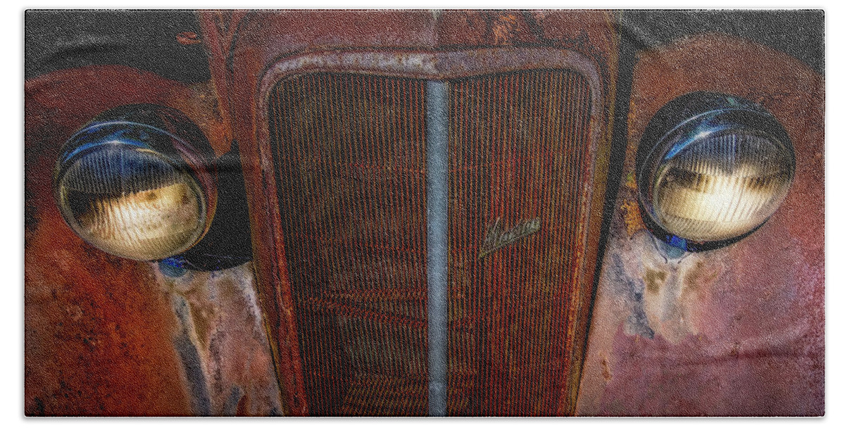 Car Photograph Junk Rust Classic Car Photographer Best Car Photography Automotive Transportation Car Photos Abstract Car Detail Vintage Drag Cars Collector Cars Emblems Car Emblem Signs Neon Buildings Hand Towel featuring the photograph Eyes Bright by Jerry Golab