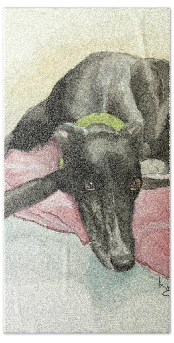 Greyhound Hand Towel featuring the painting Eyes of His Soul by Rachel Bochnia