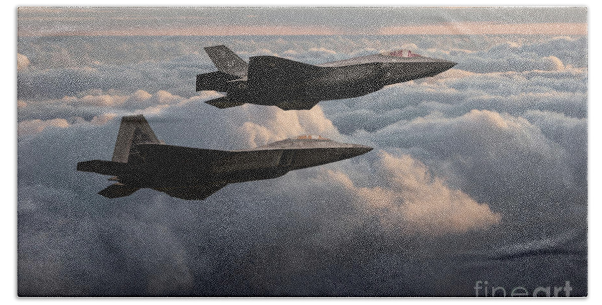 F35 And F22 Bath Towel featuring the digital art F22 with F35 by Airpower Art