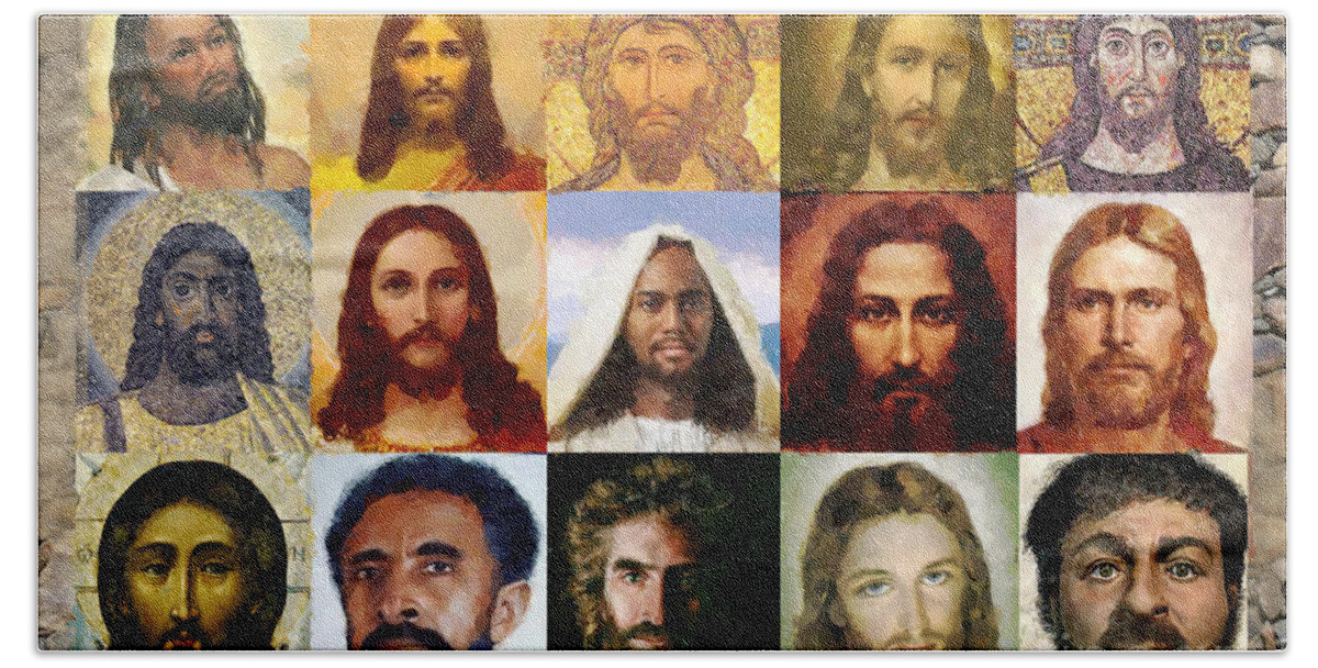 Faces Of Jesus Bath Towel featuring the mixed media Faces of Jesus by Carl Gouveia