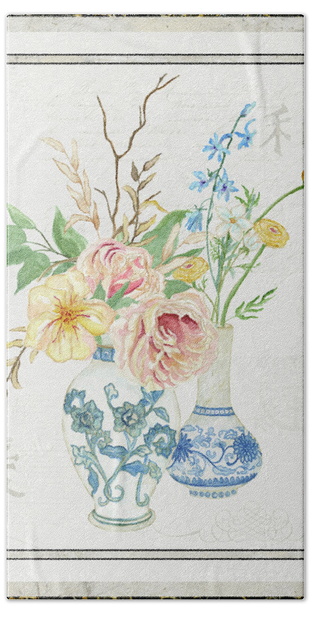 French Hand Towel featuring the painting Faded Glory Chinoiserie - Floral Still Life 2 Blush Gold Cream by Audrey Jeanne Roberts