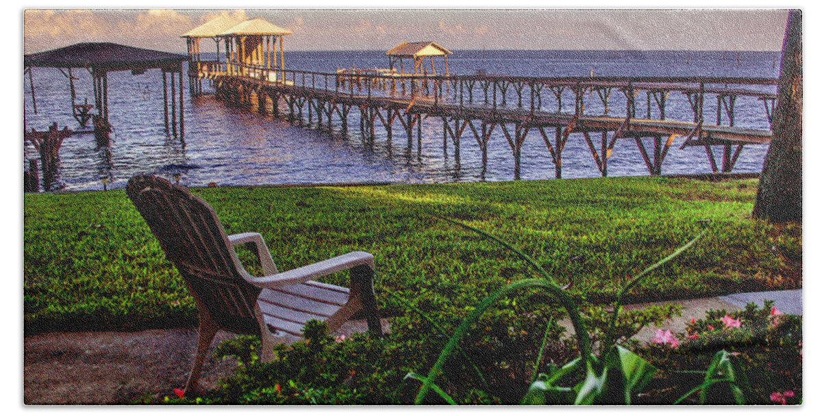 Fairhope Hand Towel featuring the photograph Fairhope Pier and Chair View of Mobile Bay by Michael Thomas