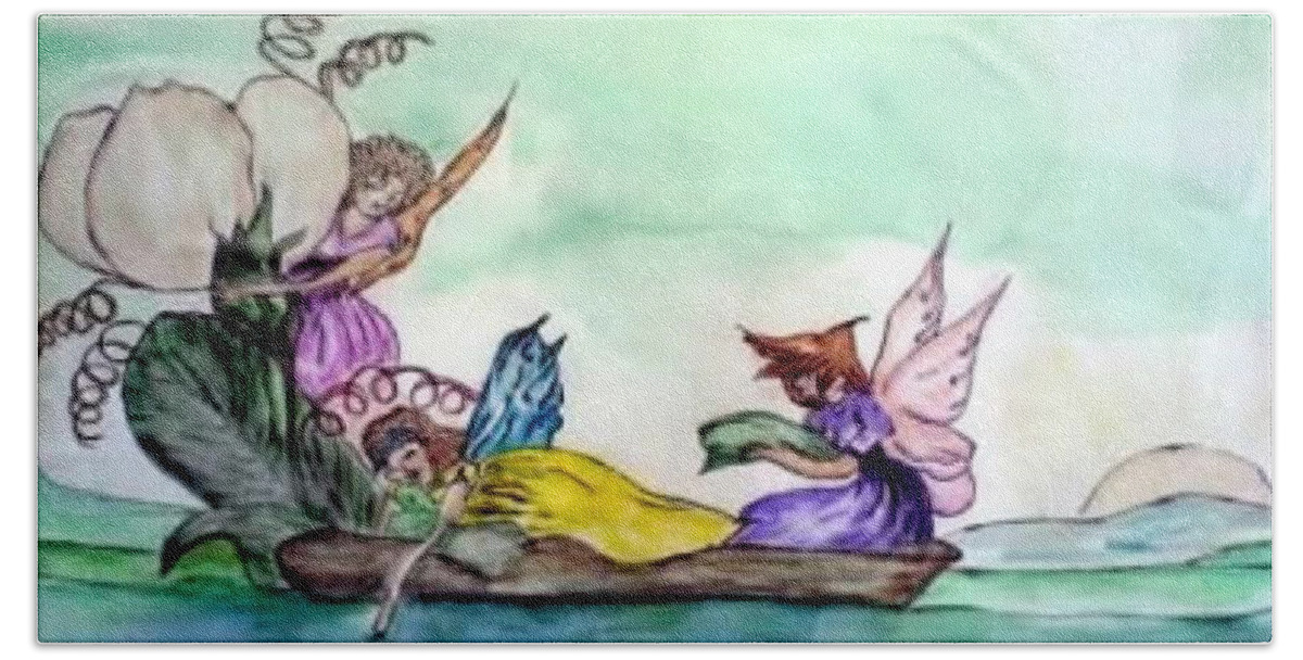 Fairies Hand Towel featuring the painting Fairies at Sea by AHONU Aingeal Rose