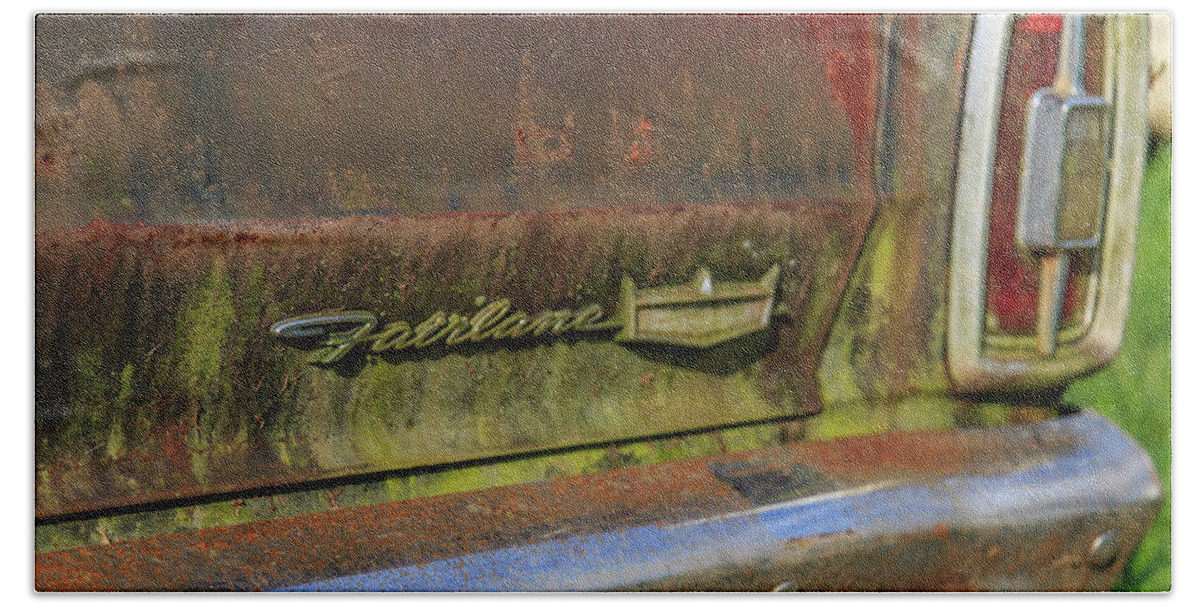 Ford Fairlane Bath Towel featuring the photograph Fairlane Emblem by Doug Camara
