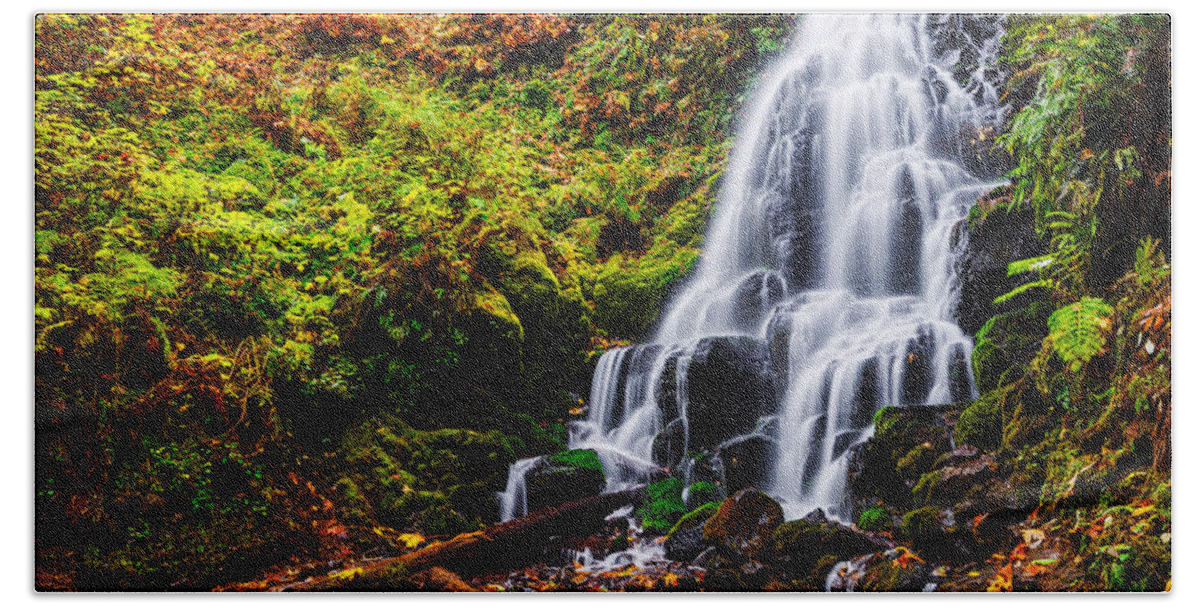 Fairy Falls Bath Towel featuring the photograph Fairy Falls in autumn in Columbia River Gorge Oregon by Vishwanath Bhat