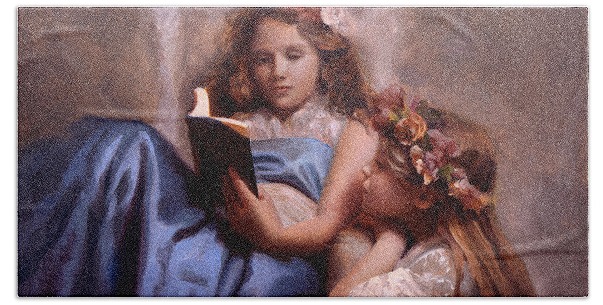 Painting Of Girls Reading Hand Towel featuring the painting Fairytales and Lace - Portrait of Girls Reading a Book by K Whitworth