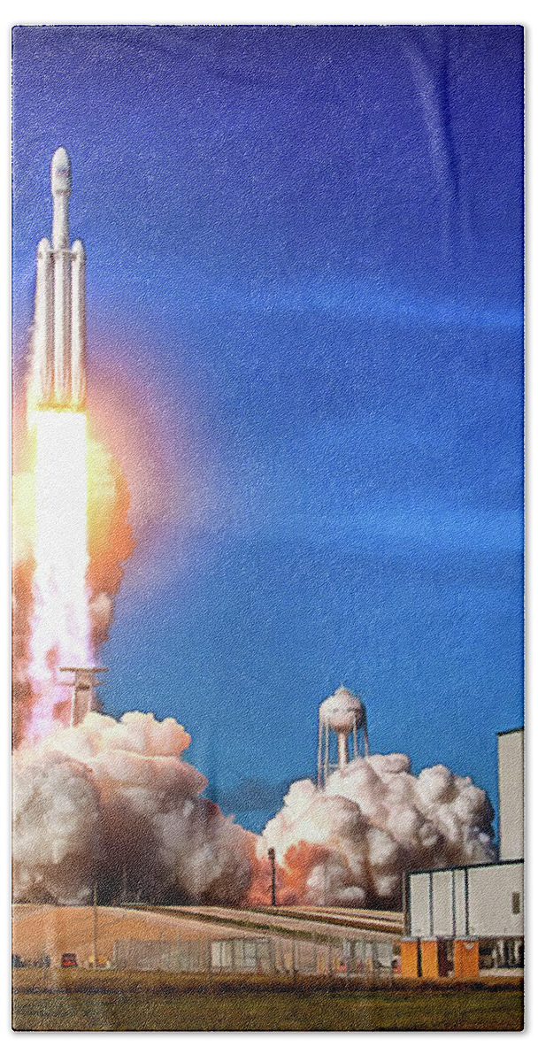 Falcon Heavy Bath Towel featuring the photograph Falcon Heavy SpaceX rocket launch maiden flight by SpaceX