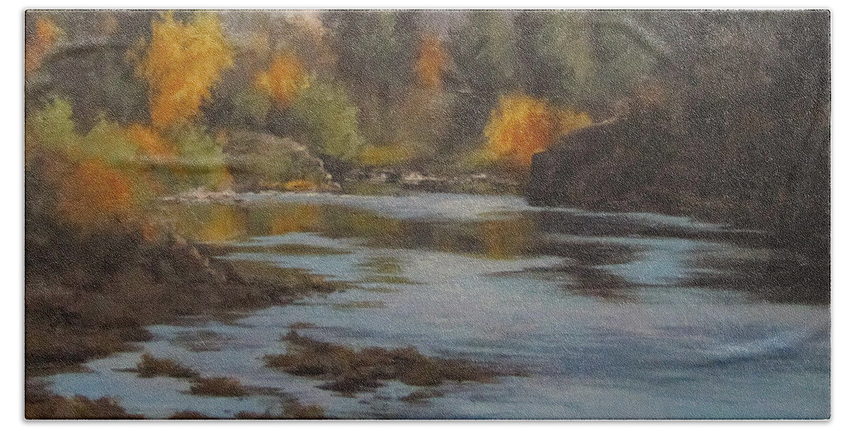Landscape Hand Towel featuring the painting Fall at Colliding Rivers by Karen Ilari