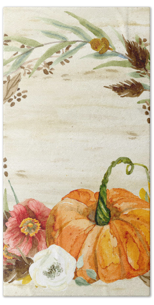 Autumn Hand Towel featuring the painting Fall Autumn Harvest Wreath on Birch Bark Watercolor by Audrey Jeanne Roberts