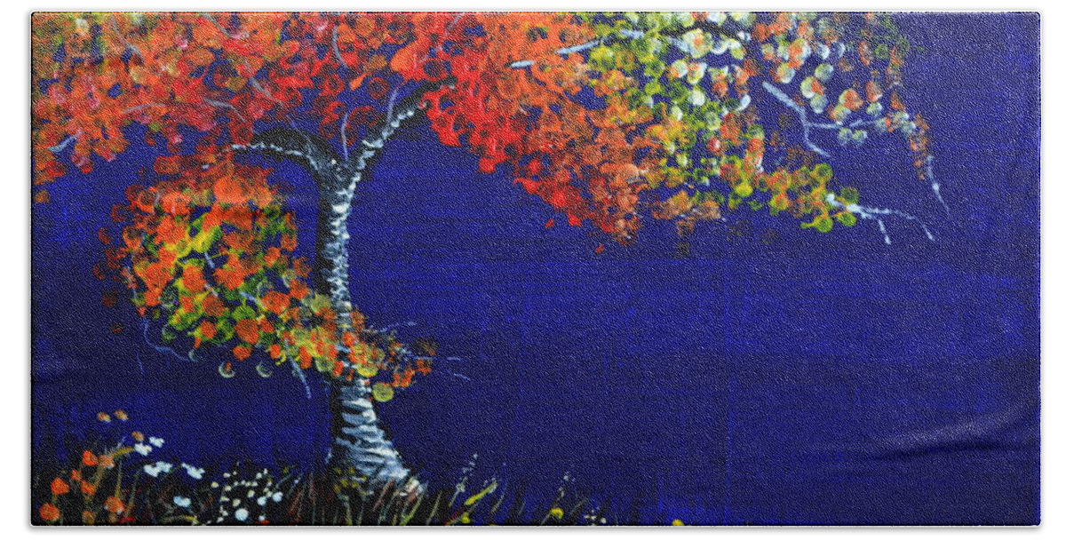 This Is An Acrylic Painting Of A Tree During A Wind Storm. The Strong Wind Is Causing The Tree And Limbs To Bend. The Grass Below And Flowers Are Also Bending Due To The Wind. I Used Many Bright Color's For The Leaves Of The Tree. The Color's I Selected Were Bright And Different Values. I Wanted To Create A Contrast Between The Leaves On The Tree. I Used A Bright Blue Color For A Great Contrast With The Tree And The Wild Flowers. This Is A Very Affordable Gift And Would Fit Any Decor. Hand Towel featuring the painting Fall Color's by Martin Schmidt