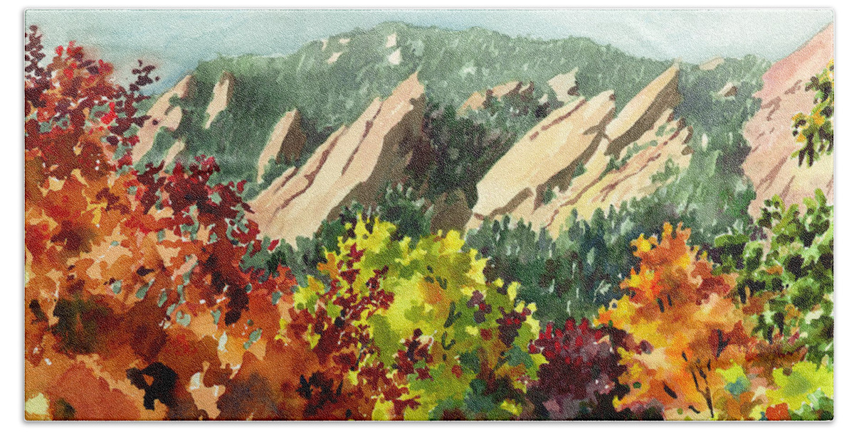 Red Leaves Art Hand Towel featuring the painting Fall Flatirons by Anne Gifford