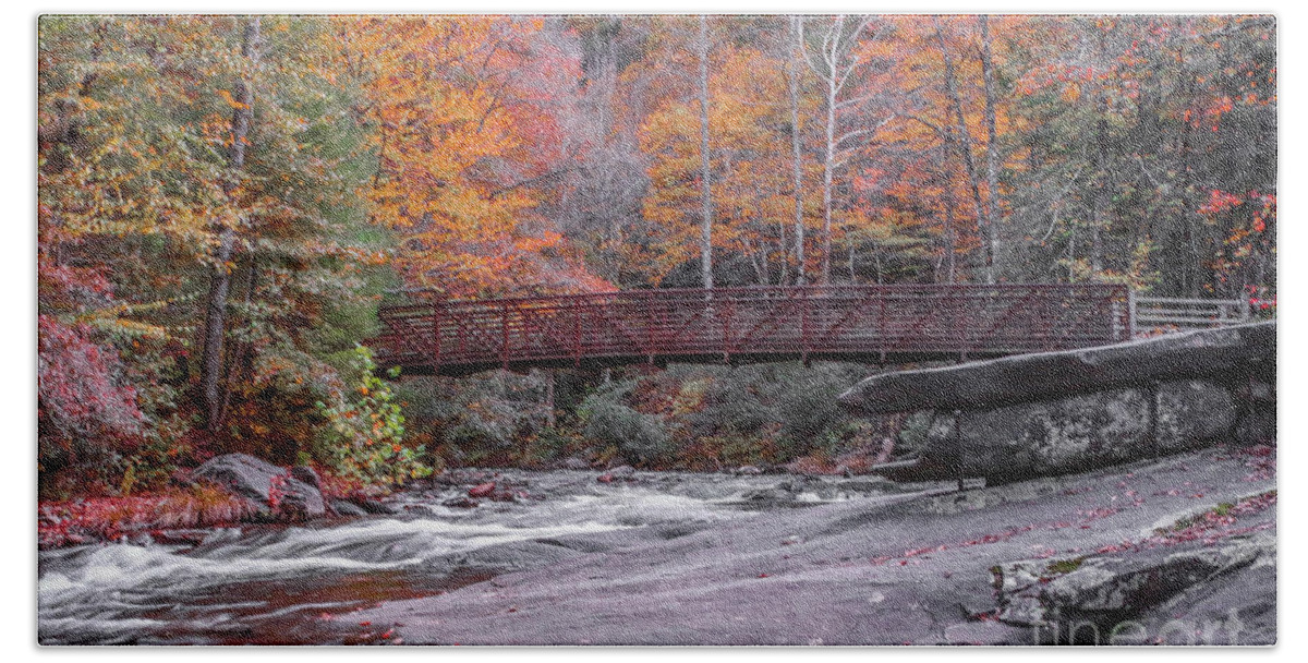 Bridge Bath Towel featuring the photograph Fall Foliage Footbridge by Tom Claud
