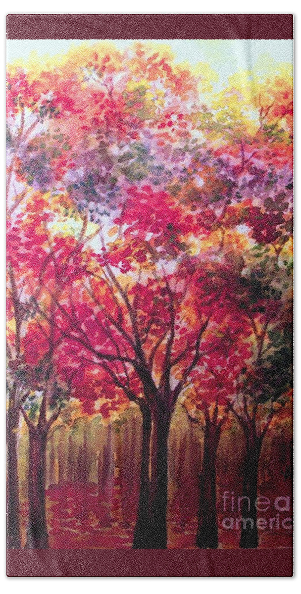 Fall Leaves Bath Towel featuring the painting Fall in the Forest by Hazel Holland