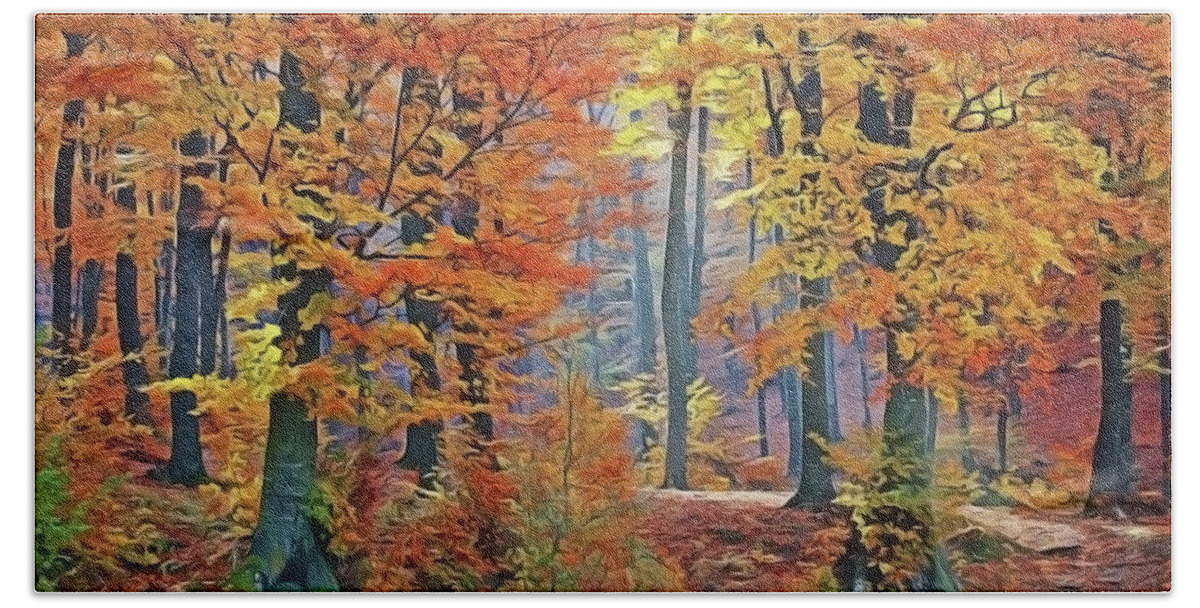Fall Woods Bath Towel featuring the painting Fall Woods by Harry Warrick