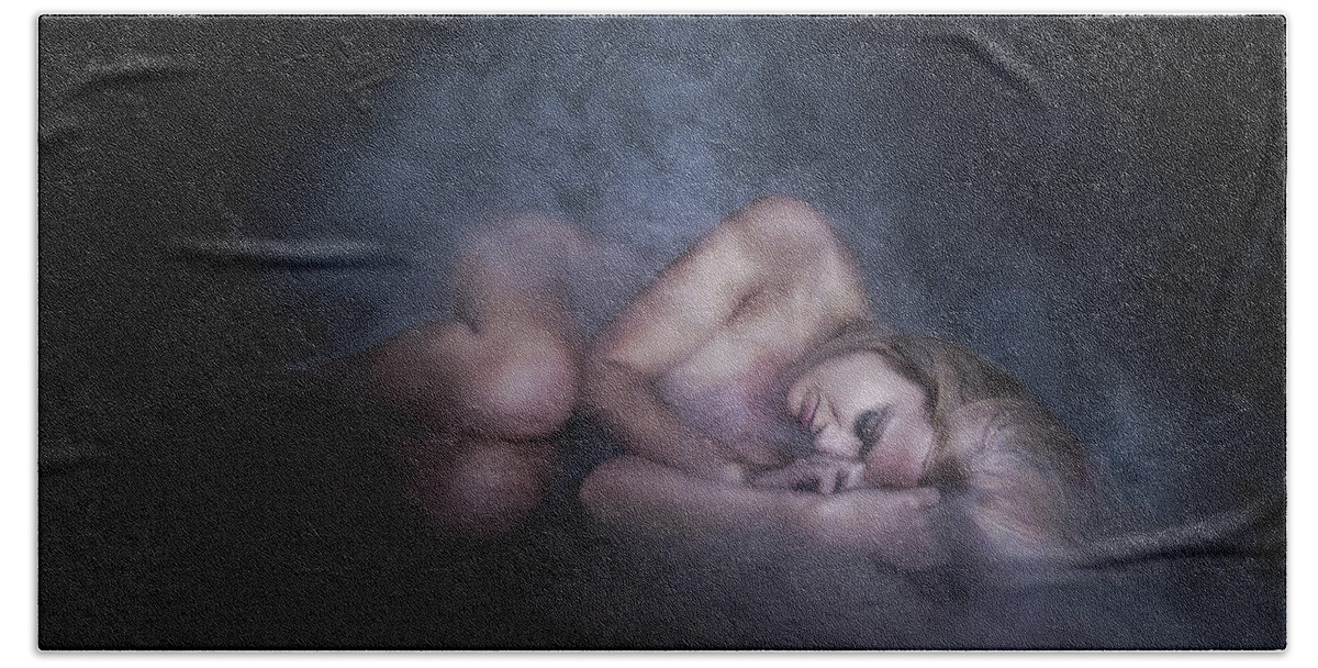 Conditions Bath Towel featuring the photograph Fallen Figure in the fog by Rikk Flohr