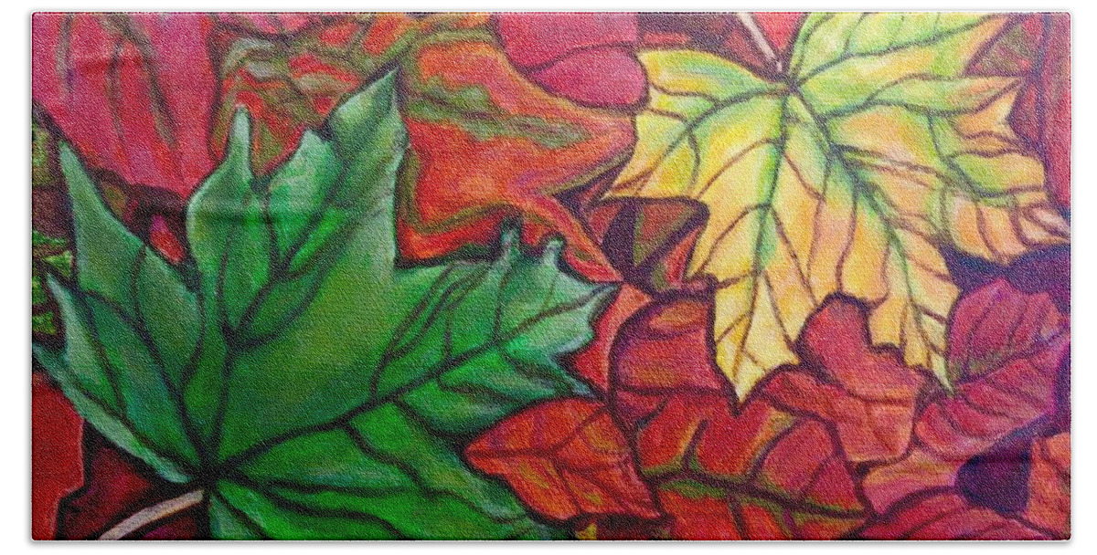 Nature Scene Collage Of Falling Fallen Leaves Gold Yellow Crimson Purple Eggplant Coral Orange Hot Pink Magenta Hunter Green Maple Leaves Acrylic Painting Bath Towel featuring the painting Falling Leaves I Painting by Kimberlee Baxter