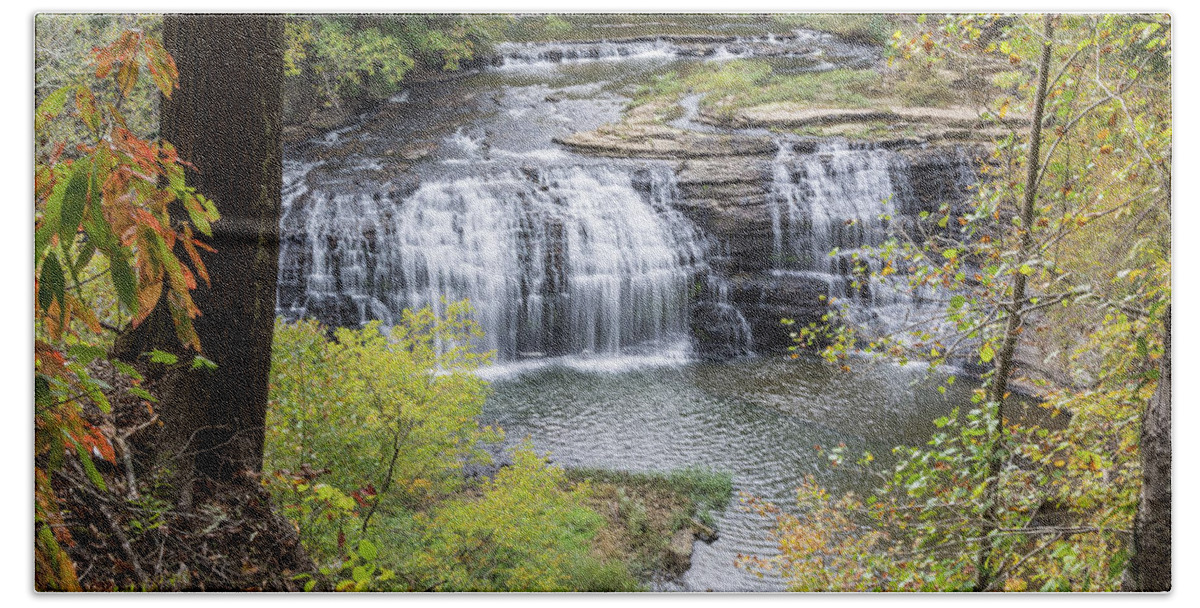 Burgess Falls Bath Towel featuring the photograph Falls Through The Trees by John Benedict