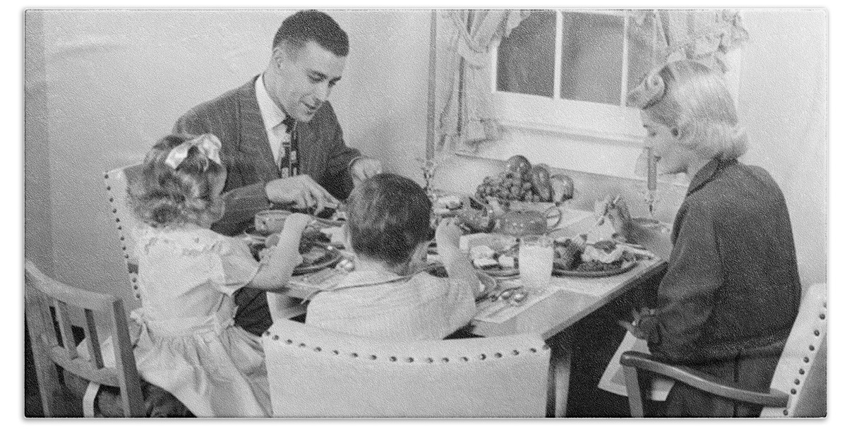 1950s Bath Towel featuring the photograph Family Having Dinner, C.1950s by H. Armstrong Roberts/ClassicStock