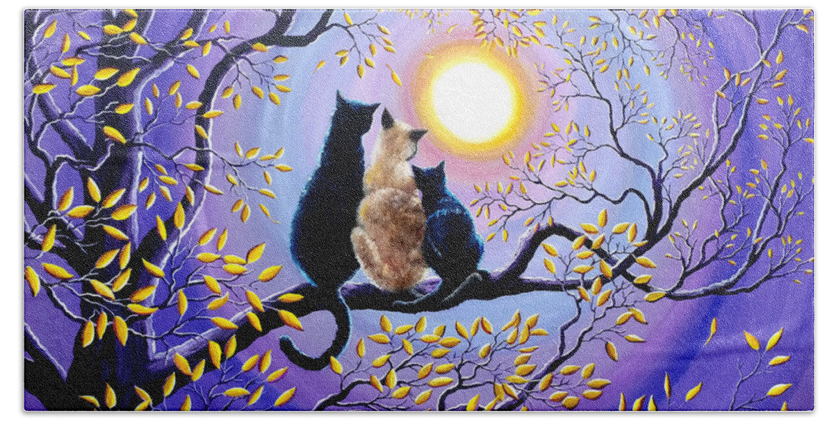 Cat Hand Towel featuring the painting Family Moon Gazing Night by Laura Iverson
