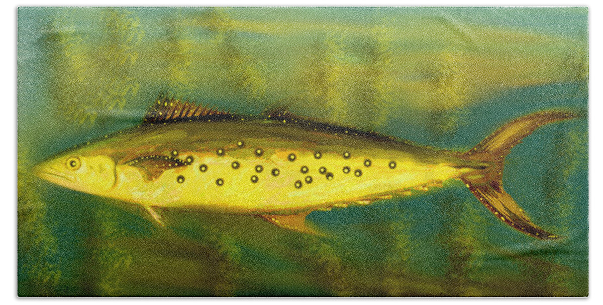 Fish Bath Towel featuring the mixed media Fanciful Fish Art-The Legendary Golden Mackerel by Shelli Fitzpatrick