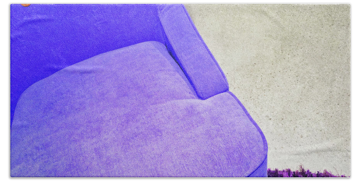 Armchair Bath Towel featuring the photograph Fancy blue armchair on purple carpet by GoodMood Art